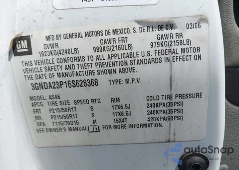 2006 Chevrolet Hhr Lt из США, поврежденный, VIN 3GNDA23P16S628368